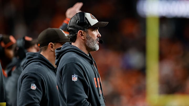 Dec 2, 2024; Denver, Colorado, USA; Cleveland Browns head coach Kevin Stefanski looks on in the second quarter against the Denver Broncos at Empower Field at Mile High. Mandatory Credit: Isaiah J. Downing-Imagn Images