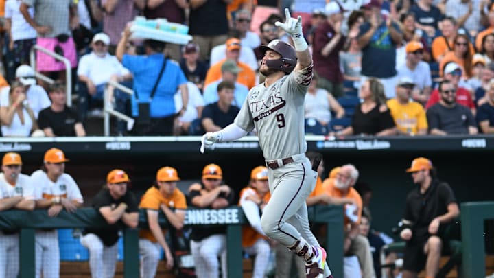 Jun 22, 2024; Omaha, NE, USA;  Texas A&M Aggies third baseman Gavin Grahovac (9) celebrates after hitting a home run against the Tennessee Volunteers during the first inning at Charles Schwab Field Omaha. Mandatory Credit: Steven Branscombe-Imagn Images