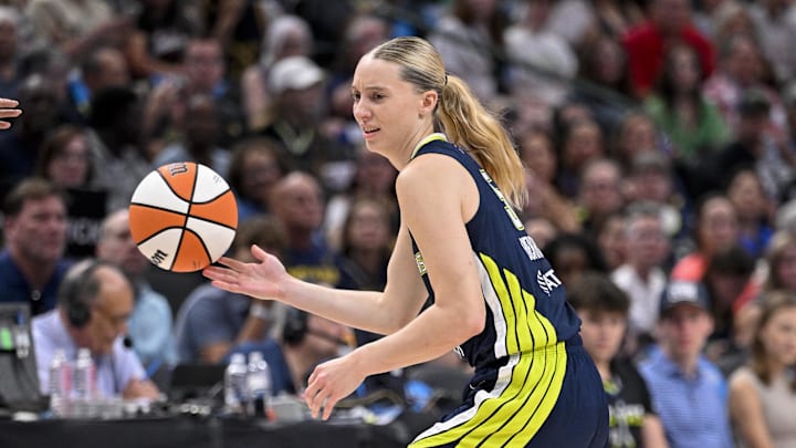 Aug 1, 2025; Dallas, Texas, USA; Dallas Wings guard Paige Bueckers (5) in action during the game between the Dallas Wings and the Indiana Fever at the American Airlines Center. Mandatory Credit: Jerome Miron-Imagn Images