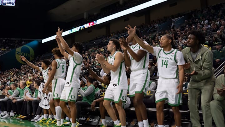 The Oregon bench cheers as the Oregon Ducks host the Montana Grizzlies at Matthew Knight Arena Friday, Nov. 8, 2024 in Eugene, Ore.