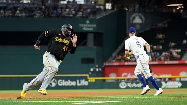 Pittsburgh Pirates first baseman Rowdy Tellez (44) rounds third base and scores during the ninth inning against the Texas Rangers  at Globe Life Field on Aug 20.