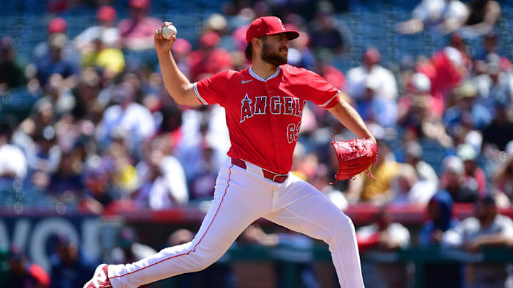 Apr 7, 2024; Anaheim, California, USA; Los Angeles Angels pitcher Chase Silseth (63) throws against the Boston Red Sox during the first inning at Angel Stadium. Mandatory Credit: Gary A. Vasquez-Imagn Images