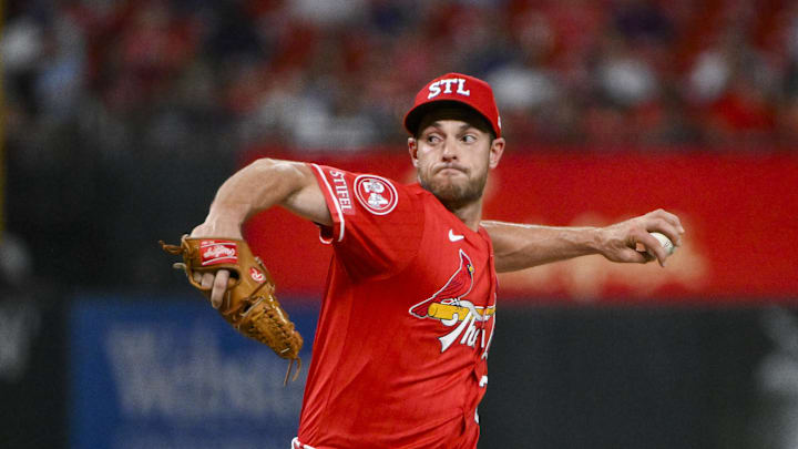 Sep 20, 2024; St. Louis, Missouri, USA;  St. Louis Cardinals relief pitcher Steven Matz (32) pitches against the Cleveland Guardians during the seventh inning at Busch Stadium. Mandatory Credit: Jeff Curry-Imagn Images