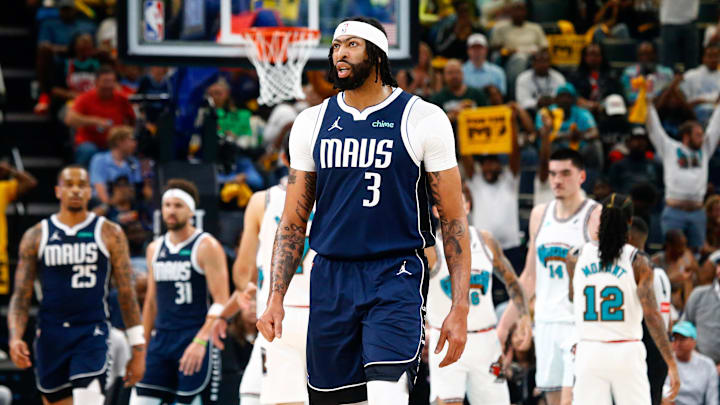 Apr 18, 2025; Memphis, Tennessee, USA; Dallas Mavericks forward Anthony Davis (3) walks toward the bench during a time out during the first quarter against the Memphis Grizzlies at FedExForum. Mandatory Credit: Petre Thomas-Imagn Images