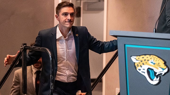 The Jacksonville Jaguars introduced General Manager James Gladstone, center, as he arrived Monday morning February 24, 2025 at the Miller Electric Center in Jacksonville, Fla. for a press conference. [Doug Engle/Florida Times-Union]2025