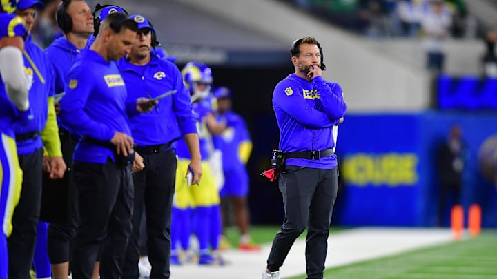 Nov 24, 2024; Inglewood, California, USA; Los Angeles Rams head coach Sean McVay watches game action against the Philadelphia Eagles during the first half at SoFi Stadium. Mandatory Credit: Gary A. Vasquez-Imagn Images