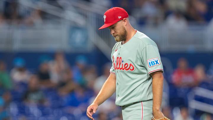 Jul 29, 2026; Miami, Florida, USA; Philadelphia Phillies pitcher Jonathan Bowlan (52) returns to the dugout against the Miami Marlins during the eighth inning at loanDepot Park. Mandatory Credit: Sam Navarro-Imagn Images