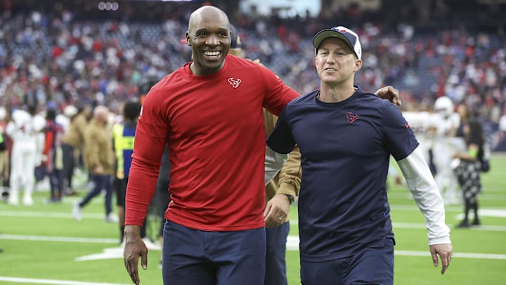 Nov 19, 2023; Houston, Texas, USA; Houston Texans head coach DeMeco Ryans (left) and offensive