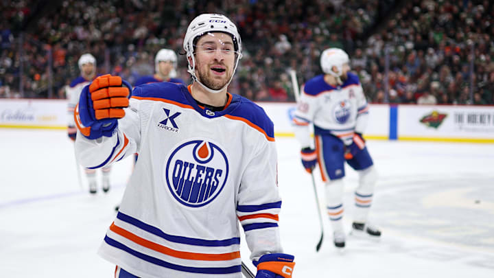 Dec 20, 2025; Saint Paul, Minnesota, USA; Edmonton Oilers left wing Andrew Mangiapane (88) celebrates his goal against the Minnesota Wild during the first period at Grand Casino Arena. Mandatory Credit: Matt Krohn-Imagn Images