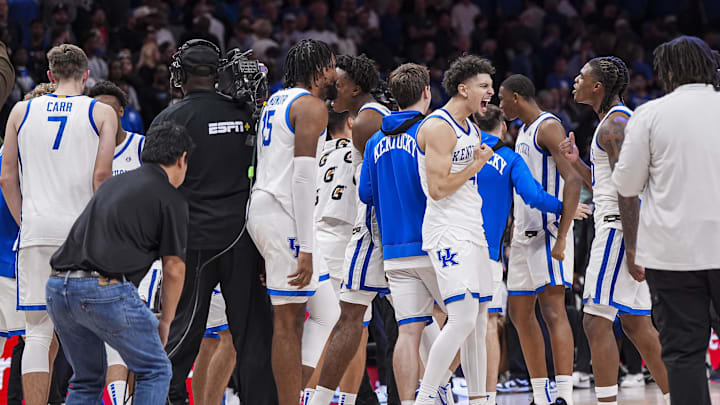 Nov 12, 2024; Atlanta, Georgia, USA; Kentucky Wildcats players react after defeating the Duke Blue Devils at State Farm Arena. Mandatory Credit: Dale Zanine-Imagn Images