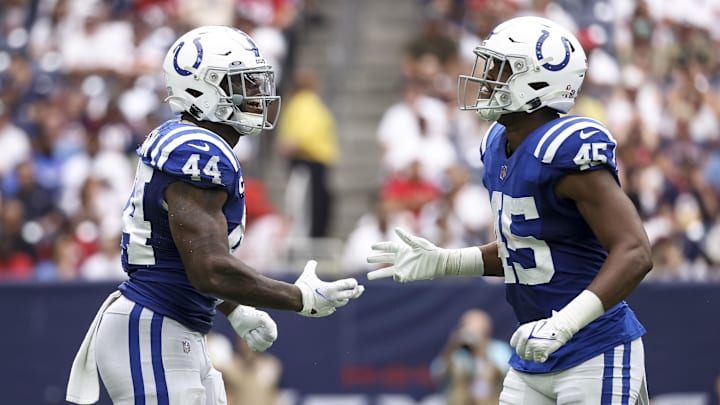 Sep 11, 2022; Houston, Texas, USA; Indianapolis Colts linebacker Zaire Franklin (44) and linebacker