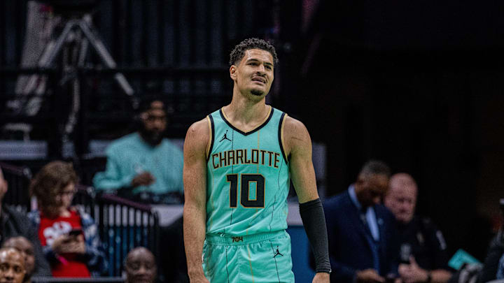 Nov 30, 2024; Charlotte, North Carolina, USA; Charlotte Hornets guard Josh Green (10) reacts after a call during the second quarter against the Atlanta Hawks at Spectrum Center. Mandatory Credit: Scott Kinser-Imagn Images