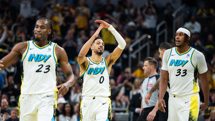 Apr 22, 2025; Indianapolis, Indiana, USA; Indiana Pacers guard Tyrese Haliburton (0) celebrates a made shot during game two against the Milwaukee Bucks in the  first round for the 2024 NBA Playoffs at Gainbridge Fieldhouse. Mandatory Credit: Trevor Ruszkowski-Imagn Images