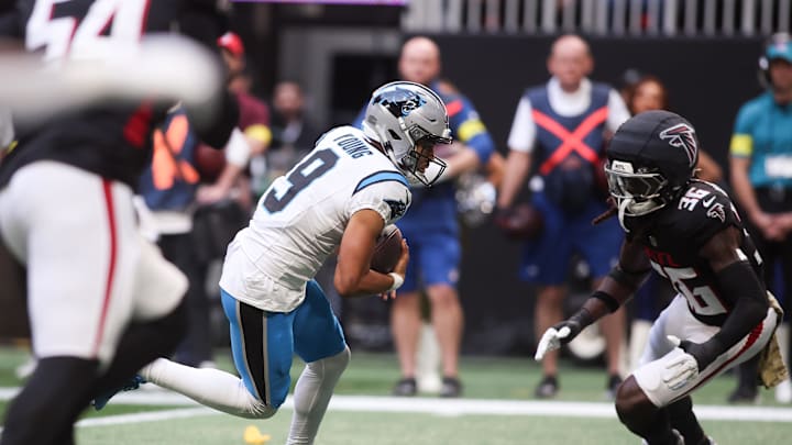 Nov 16, 2025; Atlanta, Georgia, USA; Carolina Panthers quarterback Bryce Young (9) runs with the ball in the first quarter against the Atlanta Falcons at Mercedes-Benz Stadium. Mandatory Credit: Brett Davis-Imagn Images