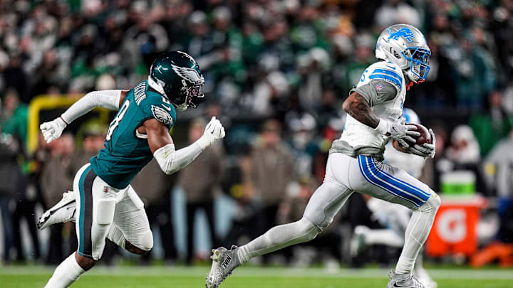 Detroit Lions wide receiver Jameson Williams (1) makes a catch against Philadelphia Eagles cornerback Adoree' Jackson (8) during the first half at Lincoln Financial Field in Philadelphia on Sunday, November 16, 2025.