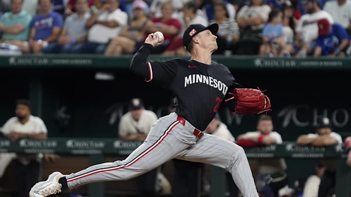 Minnesota Twins pitcher Griffin Jax (22) throws to the plate during the seventh inning against the Texas Rangers at Globe Life Field on Aug 16. Minnesota Twins pitcher Griffin Jax (22) throws to the plate during the seventh inning against the Texas Rangers at Globe Life Field on Aug 16.