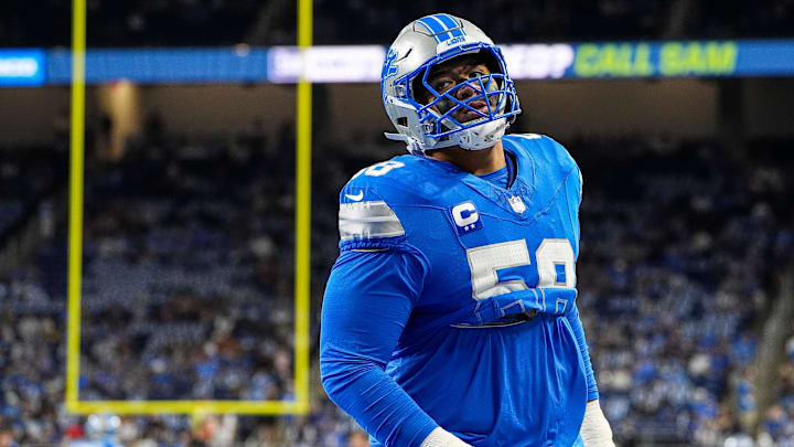 Detroit Lions right tackle Penei Sewell during warmups before the Tampa Bay Buccaneers game at Ford Field in Detroit on Sunday, Sept. 15, 2024.