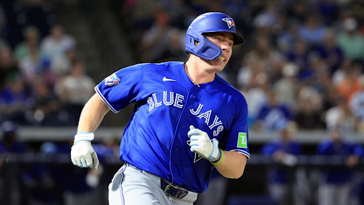 Mar 11, 2026; Tampa, Florida, USA;  Toronto Blue Jays infielder Sean Keys (89) singles during the fifth inning against the New York Yankees at George M. Steinbrenner Field. Mandatory Credit: Kim Klement Neitzel-Imagn Images