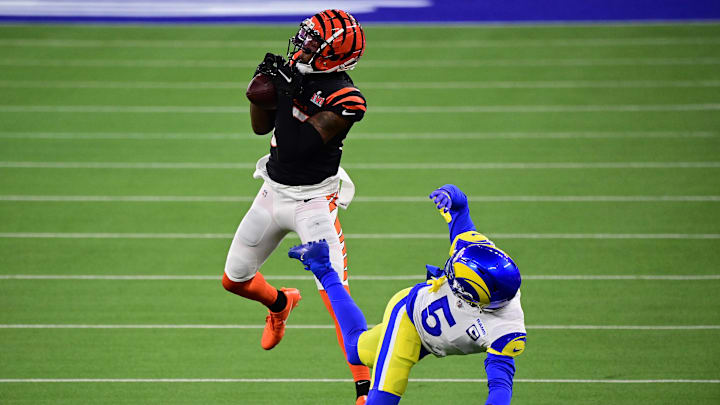 Feb 13, 2022; Inglewood, California, USA; Cincinnati Bengals receiver Tee Higgins (85) makes a