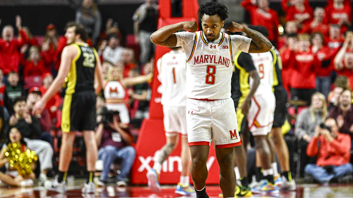 Jan 2, 2026; College Park, Maryland, USA;  Maryland Terrapins guard David Coit (8) react during the first half against the Oregon Ducks at Xfinity Center. Mandatory Credit: Tommy Gilligan-Imagn Images
