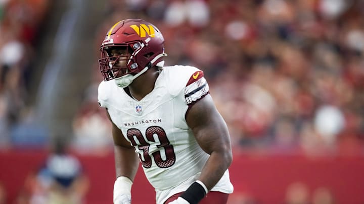 Sep 29, 2024; Glendale, Arizona, USA; Washington Commanders defensive tackle Jonathan Allen (93) against the Arizona Cardinals at State Farm Stadium. Mandatory Credit: Mark J. Rebilas-Imagn Images Sep 29, 2024; Glendale, Arizona, USA; Washington Commanders defensive tackle Jonathan Allen (93) against the Arizona Cardinals at State Farm Stadium. Mandatory Credit: Mark J. Rebilas-Imagn Images