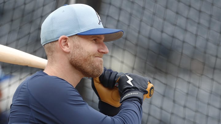 Milwaukee Brewers infielder Jake Bauers (9) at the batting cage before a game against the Pittsburgh Pirates at PNC Park in 2024. Milwaukee Brewers infielder Jake Bauers (9) at the batting cage before a game against the Pittsburgh Pirates at PNC Park in 2024.