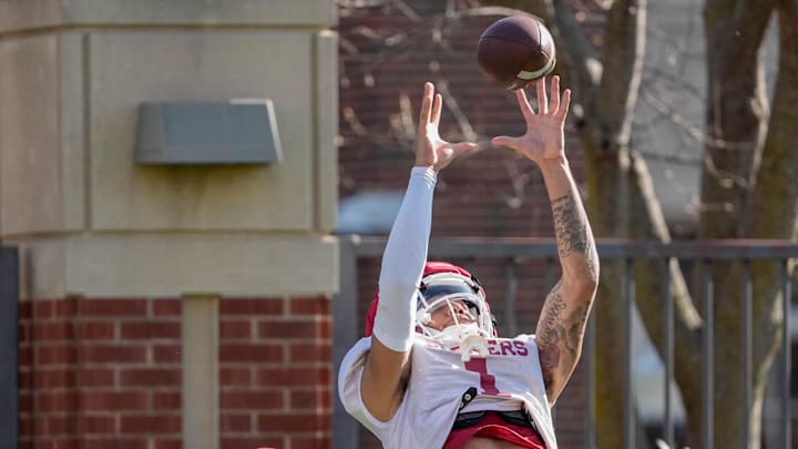 Jayden Gibson (1) runs drills during an Oklahoma (OU) football practice at the Gaylord Family Oklahoma Memorial Stadium in Norman, Okla., on Tuesday, March 25, 2025.