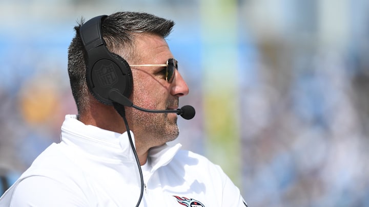 Sep 17, 2023; Nashville, Tennessee, USA; Tennessee Titans head coach Mike Vrabel looks on from the sideline during the first half against the Los Angeles Chargers at Nissan Stadium. Mandatory Credit: Christopher Hanewinckel-Imagn Images
