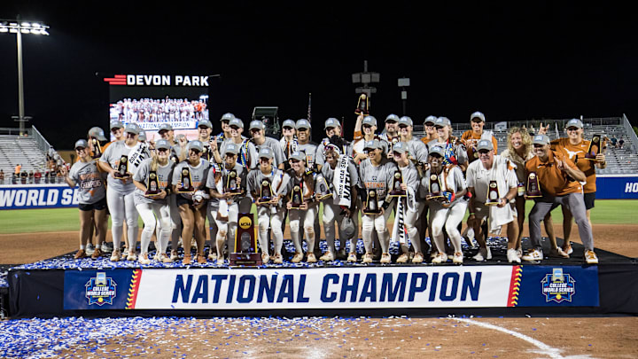Jun 6, 2025; Oklahoma City, OK, USA; Texas Longhorns celebrate after defeating the Texas Tech Red Raiders 10-4 and winning the National Championship in game three of the NCAA Softball Women's College World Series finals at Devon Park. Mandatory Credit: Brett Rojo-Imagn Images Jun 6, 2025; Oklahoma City, OK, USA; Texas Longhorns celebrate after defeating the Texas Tech Red Raiders 10-4 and winning the National Championship in game three of the NCAA Softball Women's College World Series finals at Devon Park. Mandatory Credit: Brett Rojo-Imagn Images