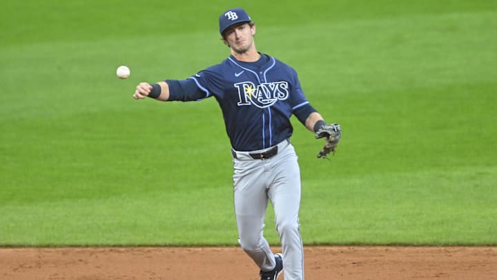 Aug 25, 2025; Cleveland, Ohio, USA; Tampa Bay Rays shortstop Carson Williams (77) throws to first base in the fourth inning against the Cleveland Guardians at Progressive Field. Mandatory Credit: David Richard-Imagn Images