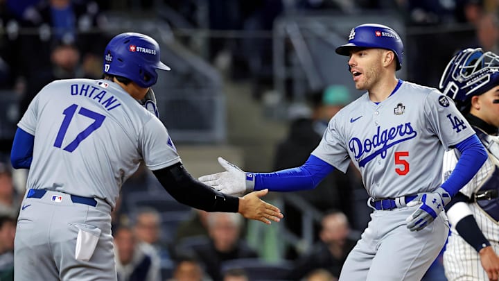 Shohei Ohtani and Freddie Freeman celebrate a home run during the 2024 World Series.