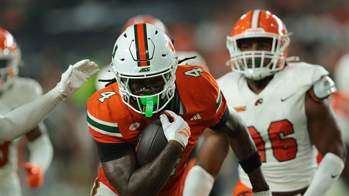 Sep 10, 2026; Miami Gardens, Florida, USA;  Miami Hurricanes running back Mark Fletcher Jr. (4) runs with the ball in the first quarter against the Florida A&M Rattlers at Hard Rock Stadium.  Mandatory Credit: Sam Navarro-Imagn Images