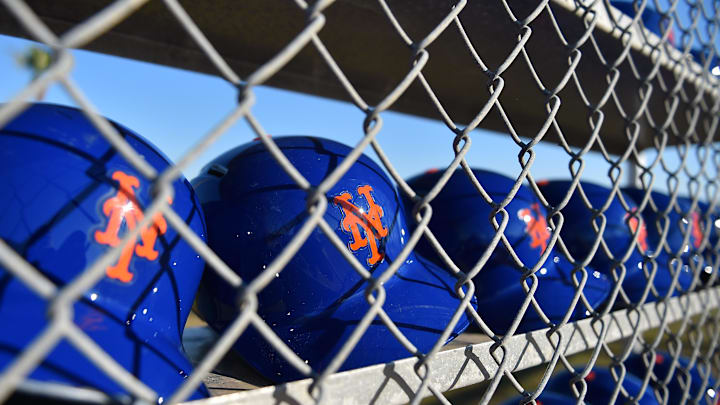 Feb 17, 2017; Port St. Lucie, FL, USA; A general view of New York Mets batting helmets at Tradition Field. Mandatory Credit: Jasen Vinlove-Imagn Images Feb 17, 2017; Port St. Lucie, FL, USA; A general view of New York Mets batting helmets at Tradition Field. Mandatory Credit: Jasen Vinlove-Imagn Images
