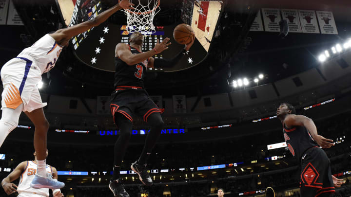 Feb 22, 2020; Chicago, Illinois, USA; Chicago Bulls guard Shaquille Harrison (3) goes to the basket against the Phoenix Suns during the second half at United Center. Mandatory Credit: David Banks-USA TODAY Sports