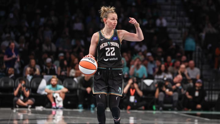 May 18, 2024; Brooklyn, New York, USA;  New York Liberty guard Courtney Vandersloot (22) at Barclays Center. Mandatory Credit: Wendell Cruz-USA TODAY Sports