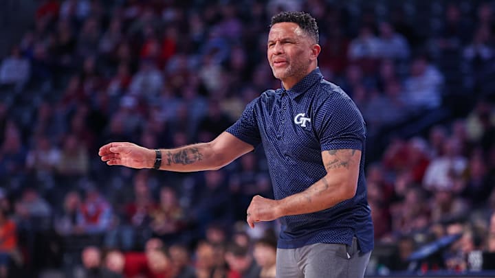 Mar 2, 2024; Atlanta, Georgia, USA; Georgia Tech Yellow Jackets head coach Damon Stoudamire on the sideline against the Florida State Seminoles in the second half at McCamish Pavilion. Mandatory Credit: Brett Davis-Imagn Images