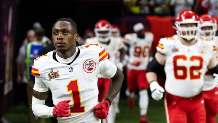 Feb 9, 2025; New Orleans, LA, USA;  Kansas City Chiefs wide receiver Xavier Worthy (1) against the Philadelphia Eagles in Super Bowl LIX at Ceasars Superdome. Mandatory Credit: Mark J. Rebilas-Imagn Images