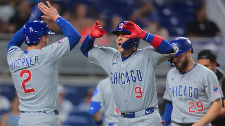 May 19, 2025; Miami, Florida, USA; Chicago Cubs catcher Miguel Amaya (9) celebrates with second baseman Nico Hoerner (2) after hitting a three-run home run against the Miami Marlins during the fourth inning at loanDepot Park. May 19, 2025; Miami, Florida, USA; Chicago Cubs catcher Miguel Amaya (9) celebrates with second baseman Nico Hoerner (2) after hitting a three-run home run against the Miami Marlins during the fourth inning at loanDepot Park.