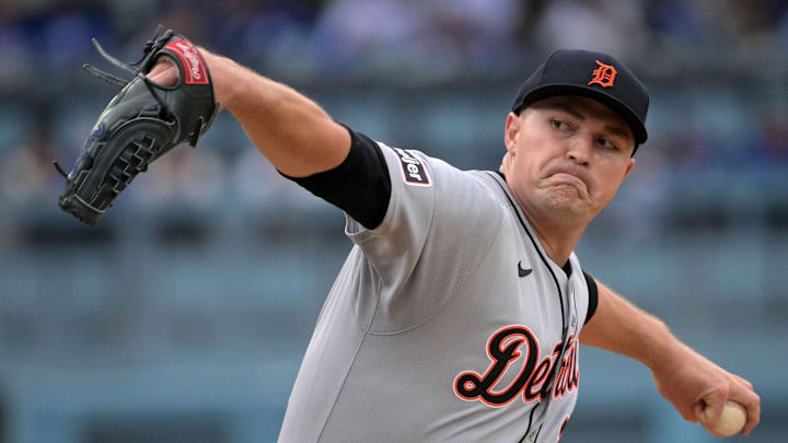 Detroit Tigers pitcher Tarik Skubal (29) throws a pitch against the Los Angeles Dodgers in the first inning at Dodger Stadium on March 27.