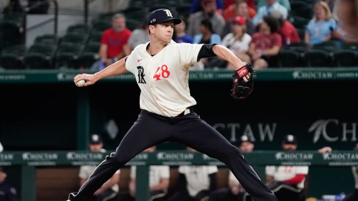 Apr 28, 2023; Arlington, Texas, USA; Texas Rangers starting pitcher Jacob deGrom (48) throws to the plate during the first inning against the New York Yankees at Globe Life Field. Mandatory Credit: Raymond Carlin III-USA TODAY Sports Apr 28, 2023; Arlington, Texas, USA; Texas Rangers starting pitcher Jacob deGrom (48) throws to the plate during the first inning against the New York Yankees at Globe Life Field. Mandatory Credit: Raymond Carlin III-USA TODAY Sports