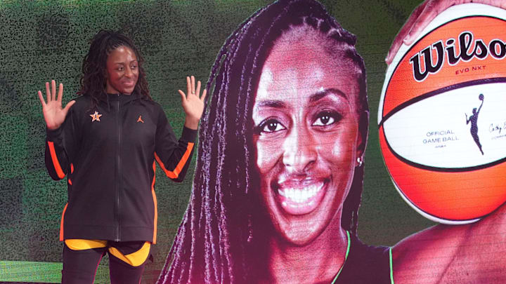 Seattle Storm's Nneka Ogwumike (3) in introduced Saturday, July 19, 2025, ahead of the WNBA All-Star Game at Gainbridge Fieldhouse in Indianapolis.