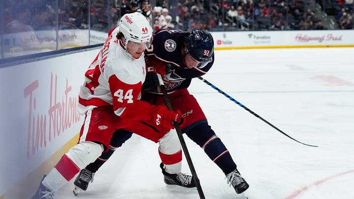 Sep 21, 2026; Columbus, Ohio, USA;  Detroit Red Wings defenseman Axel Sandin-Pellikka (44) skates against Columbus Blue Jackets forward Jack Williams (92) for the puck in the third period at Nationwide Arena. Mandatory Credit: Aaron Doster-Imagn Images
