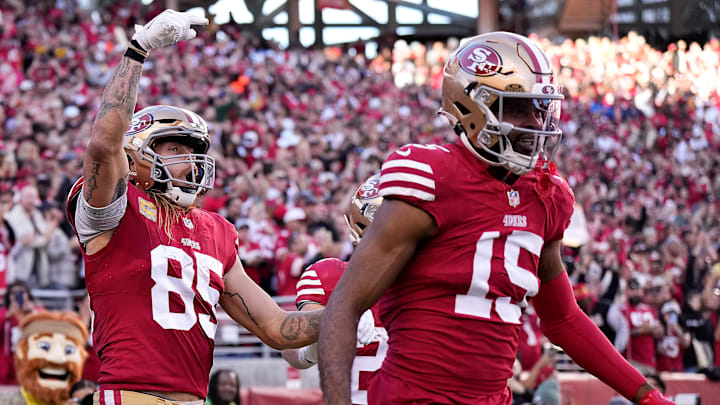 San Francisco 49ers tight end George Kittle (L) and wide receiver Deebo Samuel (R)