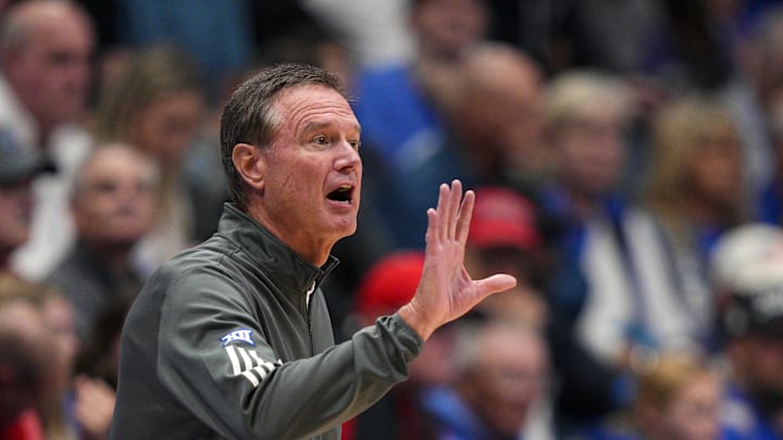 Oct 28, 2025; Lawrence, KS, USA; Kansas Jayhawks head coach Bill Self reacts during the first half against the Fort Hays State Tigers at Allen Fieldhouse. Mandatory Credit: Jay Biggerstaff-Imagn Images Oct 28, 2025; Lawrence, KS, USA; Kansas Jayhawks head coach Bill Self reacts during the first half against the Fort Hays State Tigers at Allen Fieldhouse. Mandatory Credit: Jay Biggerstaff-Imagn Images