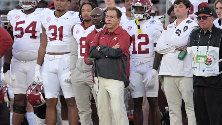 Jan 1, 2024; Pasadena, CA, USA; Alabama Crimson Tide head coach Nick Saban looks on during the