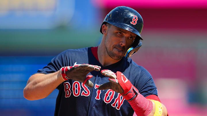 Sep 3, 2023; Kansas City, Missouri, USA; Boston Red Sox center fielder Adam Duvall (18) rounds the