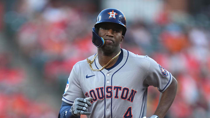 Aug 23, 2025; Baltimore, Maryland, USA; Houston Astros outfielder Jesus Sanchez (4) rounds the bases in the first inning following his solo home run against the Baltimore Orioles at Oriole Park at Camden Yards. Mandatory Credit: Mitch Stringer-Imagn Images Aug 23, 2025; Baltimore, Maryland, USA; Houston Astros outfielder Jesus Sanchez (4) rounds the bases in the first inning following his solo home run against the Baltimore Orioles at Oriole Park at Camden Yards. Mandatory Credit: Mitch Stringer-Imagn Images