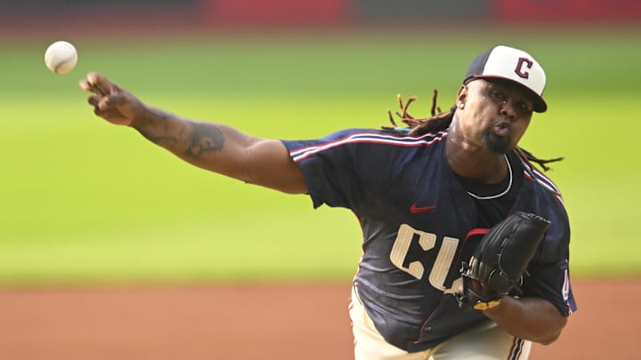 Jun 27, 2025; Cleveland, Ohio, USA; Cleveland Guardians starting pitcher Luis Ortiz (45) delivers a pitch in the first inning against the St. Louis Cardinals at Progressive Field. Mandatory Credit: David Richard-Imagn Images