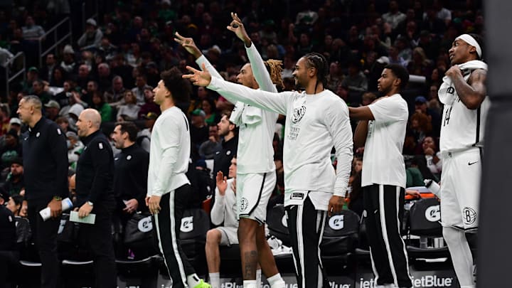 Nov 21, 2025; Boston, Massachusetts, USA; The Brooklyn Nets bench reacts after a basket during the second half against the Boston Celtics at TD Garden. Mandatory Credit: Bob DeChiara-Imagn Images