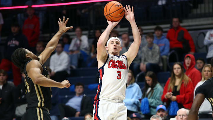 Dec 7, 2024; Oxford, Mississippi, USA; Mississippi Rebels guard Sean Pedulla (3) shoots the ball against the Lindenwood Lions during the first half at The Sandy and John Black Pavilion at Ole Miss. Mandatory Credit: Petre Thomas-Imagn Images